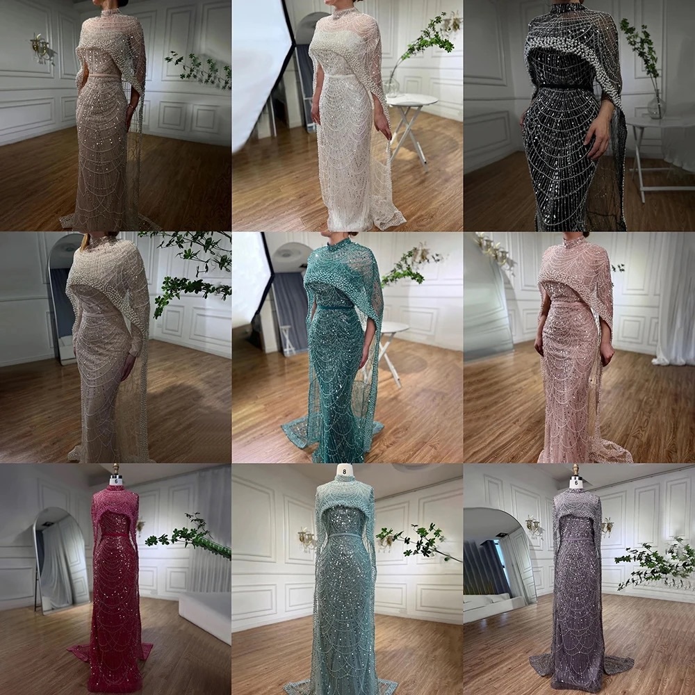 Dubai Arabia Nude Mermaid Long Cape Luxury Evening Dresses Gowns - Picture 10 of 16